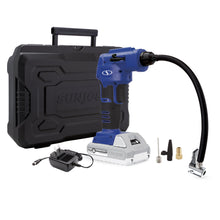 Load image into Gallery viewer, Sun Joe 24V-AJC-LTE-SJB-RM 24-Volt iON+ Cordless Portable Air Compressor Kit with Nozzle Adapters, Automatic Digital Pressure Gauge, Built-in LED Light &amp; Case, and 2.0-Ah Battery and Charger (Blue) (Certified Refurbished)
